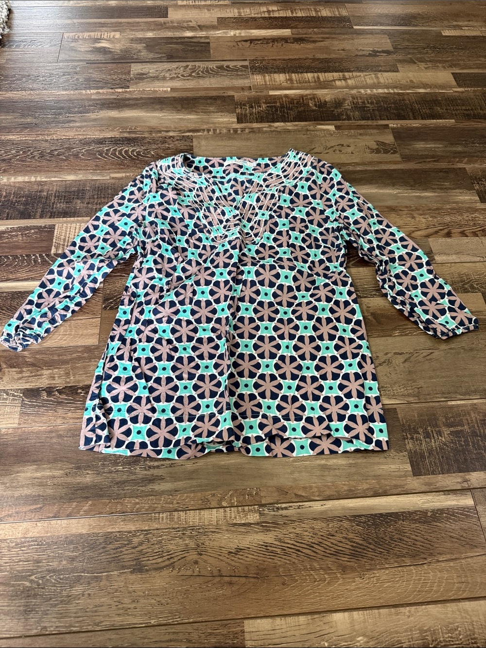 Boden Geometric V-Neck Blouse in Teal and Navy